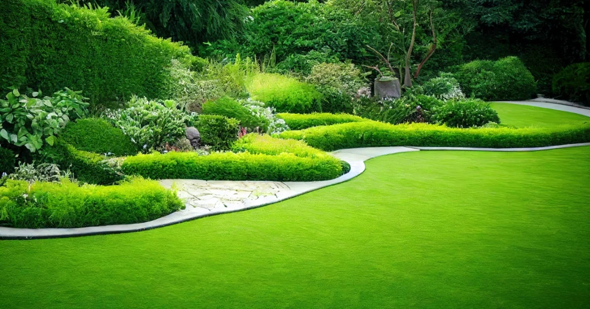 Beautiful landscaped garden with bright green synthetic turf and curved stone pathways surrounded by lush shrubs and plants.